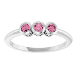 Platinum Round Natural Pink Tourmaline Three-Stone Bezel-Set Ring - view 3