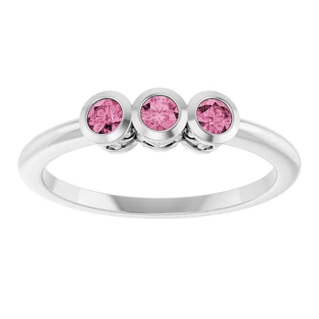 Platinum Round Natural Pink Tourmaline Three-Stone Bezel-Set Ring - view 3