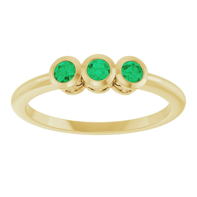 14K Gold Round Natural Emerald Three-Stone Bezel-Set Ring - Yellow Gold - view 3