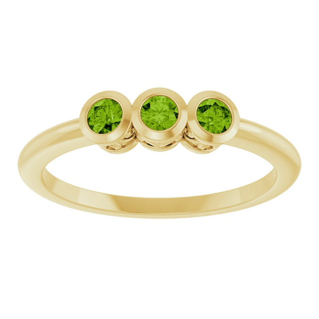 14K Gold Round Natural Peridot Three-Stone Bezel-Set Ring - Yellow Gold - view 3