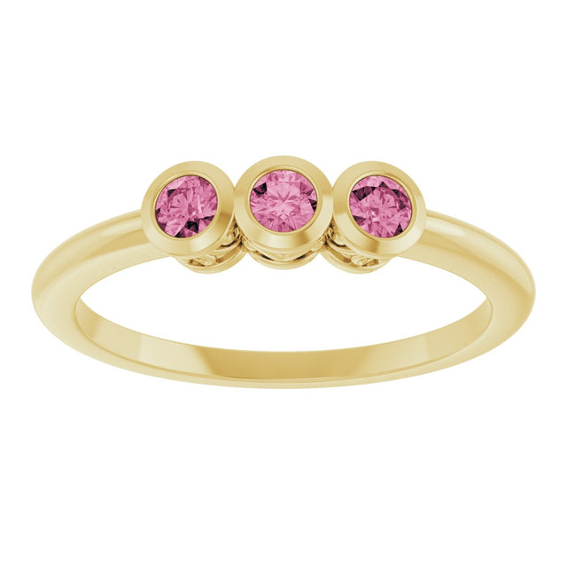 14K Gold Round Natural Pink Tourmaline Three-Stone Bezel-Set Ring - Yellow Gold - view 3