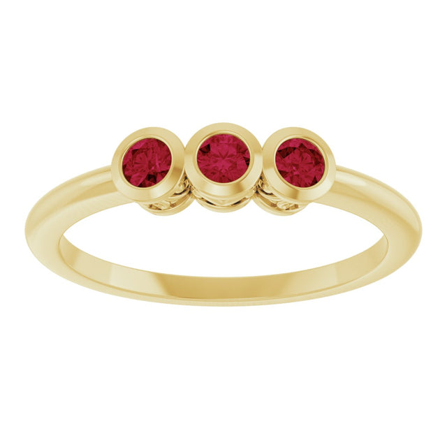 14K Gold Round Natural Ruby Three-Stone Bezel-Set Ring - Yellow Gold - view 3