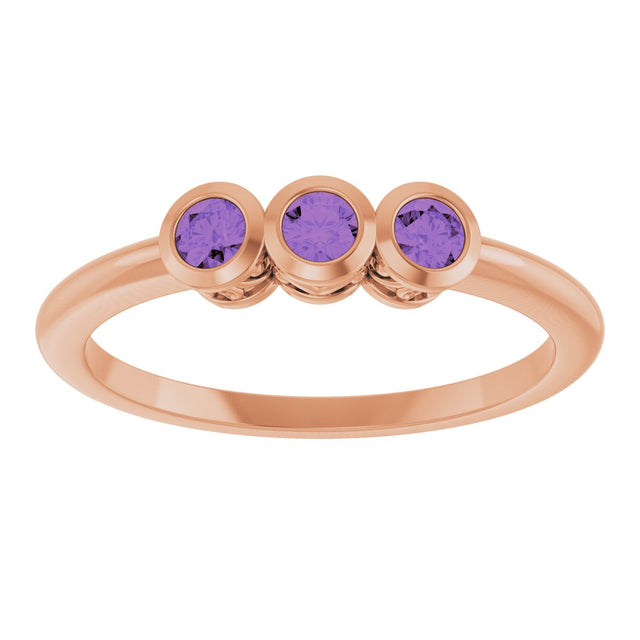 14K Gold Round Natural Amethyst Three-Stone Bezel-Set Ring - Rose Gold - view 3