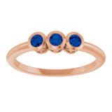 14K Gold Round Natural Blue Sapphire Three-Stone Bezel-Set Ring - Rose Gold - view 3