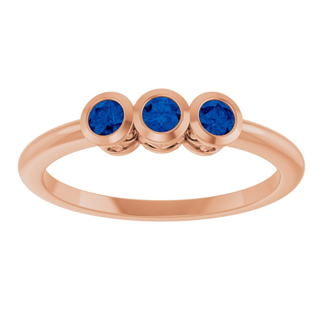 14K Gold Round Natural Blue Sapphire Three-Stone Bezel-Set Ring - Rose Gold - view 3