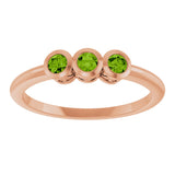 14K Gold Round Natural Peridot Three-Stone Bezel-Set Ring - Rose Gold - view 3