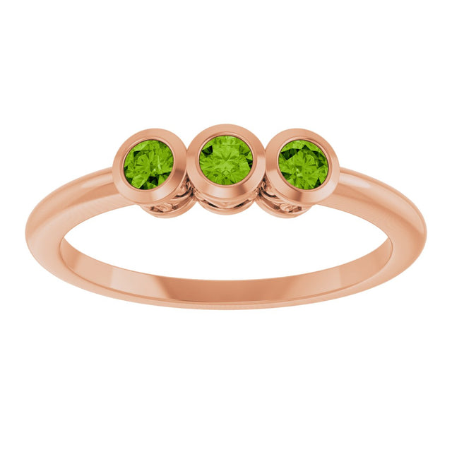 14K Gold Round Natural Peridot Three-Stone Bezel-Set Ring - Rose Gold - view 3
