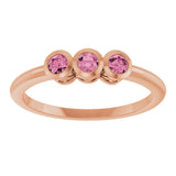 14K Gold Round Natural Pink Tourmaline Three-Stone Bezel-Set Ring - Rose Gold - view 3