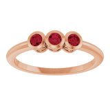 14K Gold Round Natural Ruby Three-Stone Bezel-Set Ring - Rose Gold - view 3