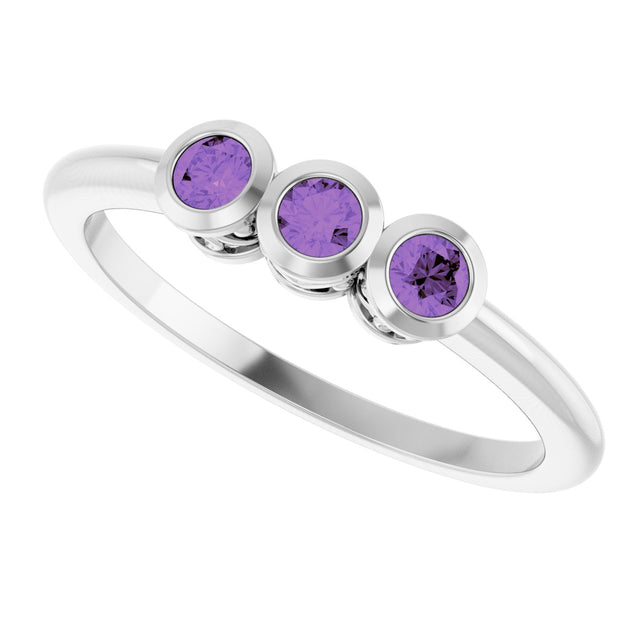 Platinum Round Natural Amethyst Three-Stone Bezel-Set Ring - view 5