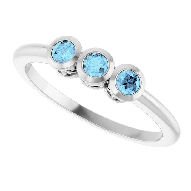 14K Gold Round Natural Aquamarine Three-Stone Bezel-Set Ring - White Gold - view 5