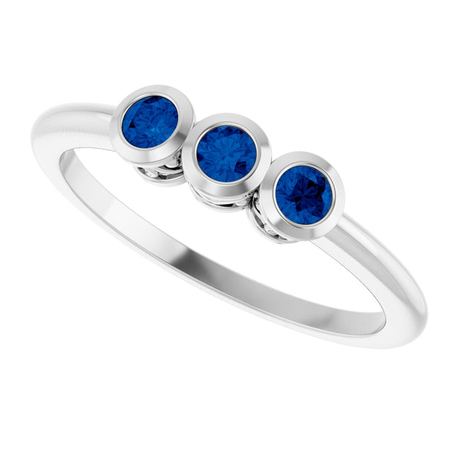 14K Gold Round Natural Blue Sapphire Three-Stone Bezel-Set Ring - White Gold - view 5