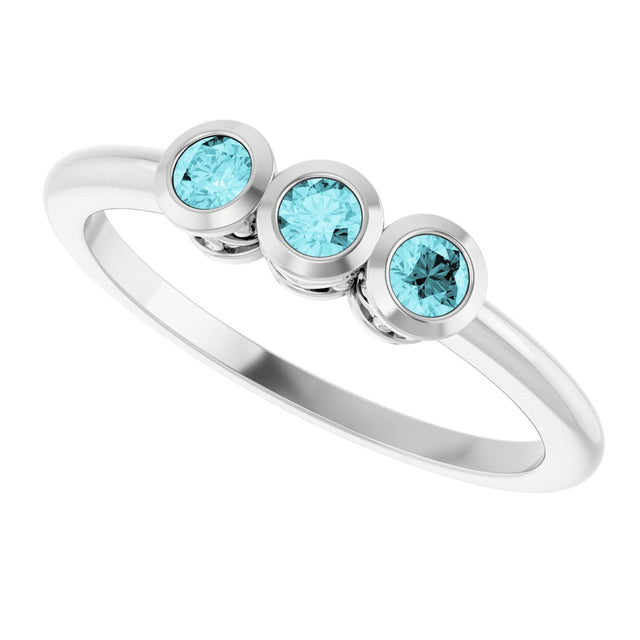 Platinum Round Natural Blue Zircon Three-Stone Bezel-Set Ring - view 5
