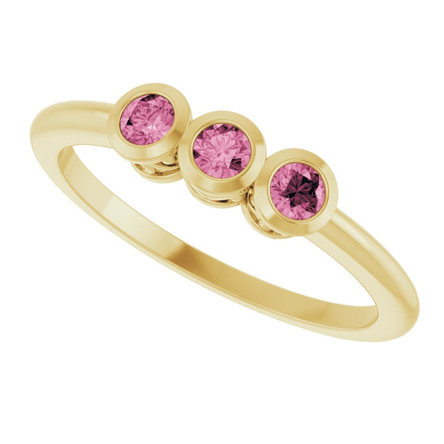 14K Gold Round Natural Pink Tourmaline Three-Stone Bezel-Set Ring - Yellow Gold - view 5