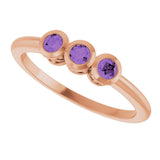 14K Gold Round Natural Amethyst Three-Stone Bezel-Set Ring - Rose Gold - view 5