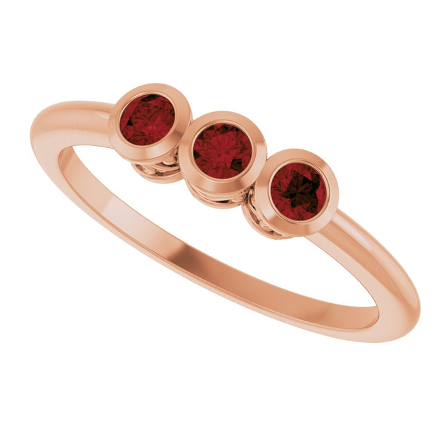 14K Gold Round Natural Mozambique Garnet Three-Stone Bezel-Set Ring - Rose Gold - view 5