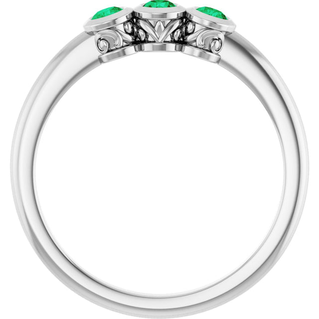 14K Gold Round Natural Emerald Three-Stone Bezel-Set Ring - White Gold - view 2