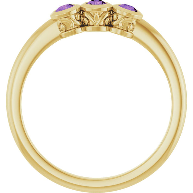 14K Gold Round Natural Amethyst Three-Stone Bezel-Set Ring - Yellow Gold - view 2