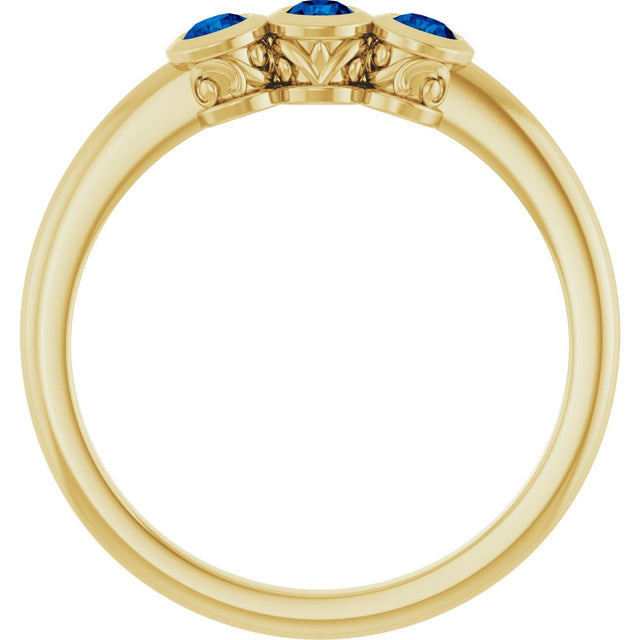 14K Gold Round Natural Blue Sapphire Three-Stone Bezel-Set Ring - Yellow Gold - view 2