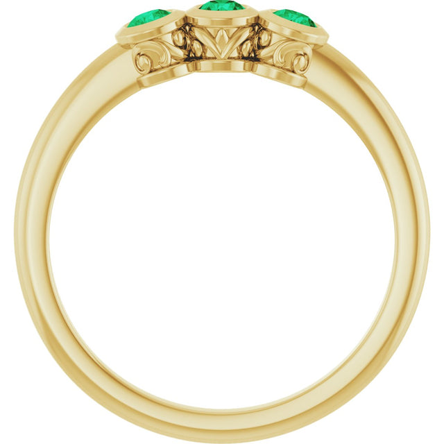 14K Gold Round Natural Emerald Three-Stone Bezel-Set Ring - Yellow Gold - view 2