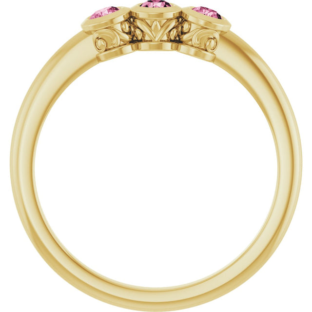 14K Gold Round Natural Pink Tourmaline Three-Stone Bezel-Set Ring - Yellow Gold - view 2