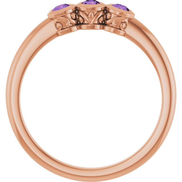 14K Gold Round Natural Amethyst Three-Stone Bezel-Set Ring - Rose Gold - view 2