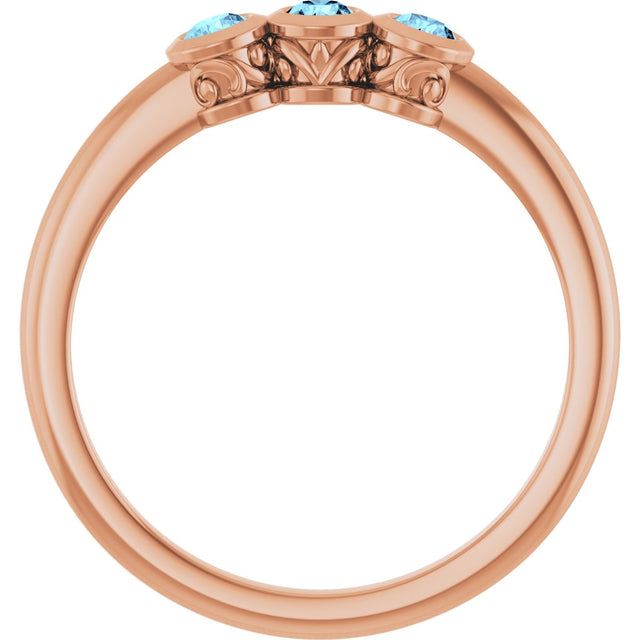 14K Gold Round Natural Aquamarine Three-Stone Bezel-Set Ring - Rose Gold - view 2