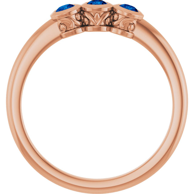 14K Gold Round Natural Blue Sapphire Three-Stone Bezel-Set Ring - Rose Gold - view 2