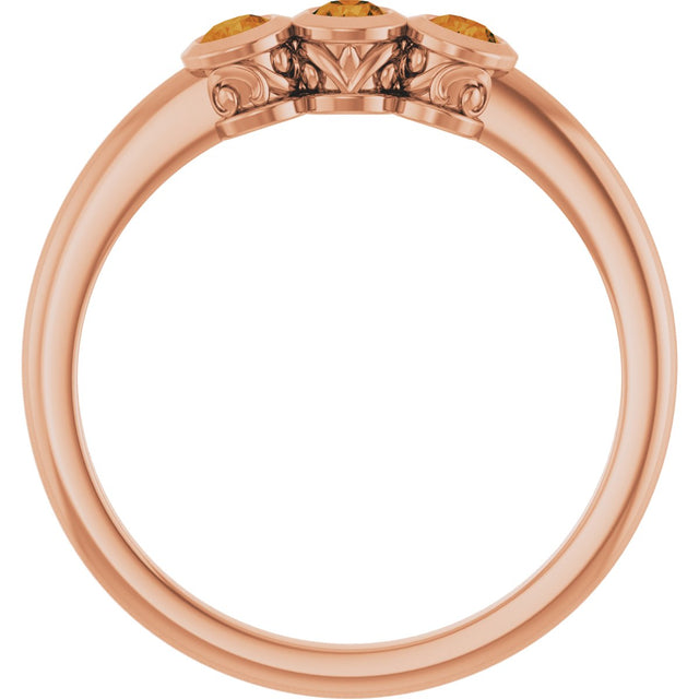 14K Gold Round Natural Citrine Three-Stone Bezel-Set Ring - Rose Gold - view 2