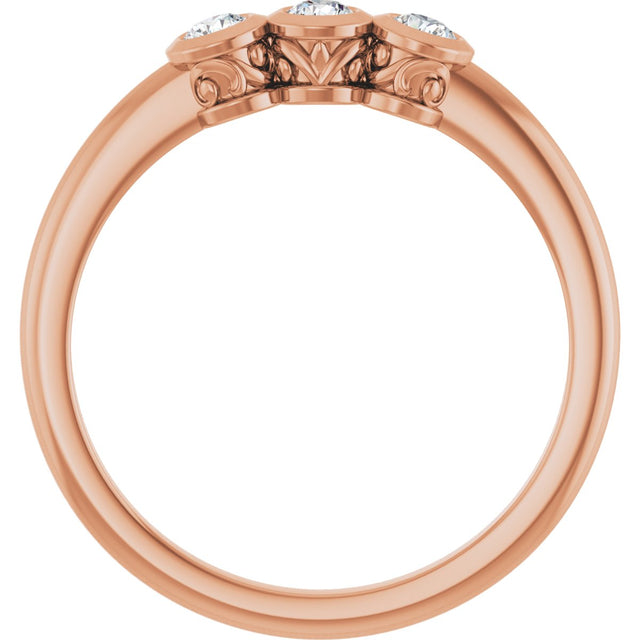 14K Gold Round Natural Diamond Three-Stone Bezel-Set Ring – 2.5-4mm Stones - Rose Gold - view 2
