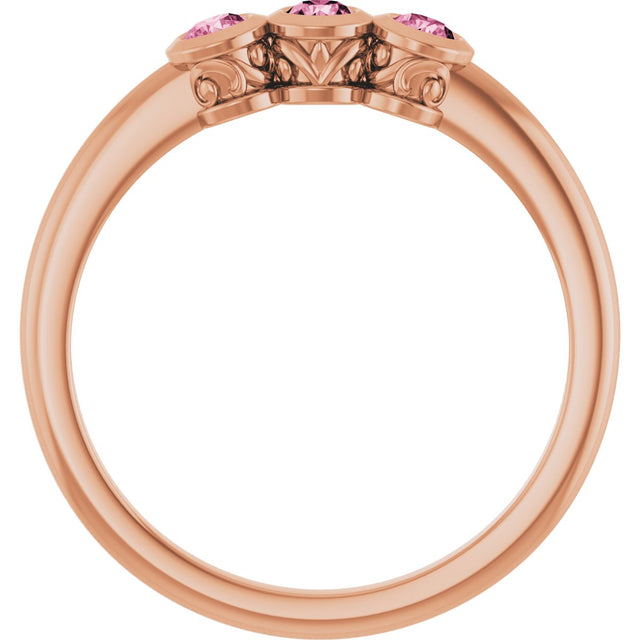 14K Gold Round Natural Pink Tourmaline Three-Stone Bezel-Set Ring - Rose Gold - view 2