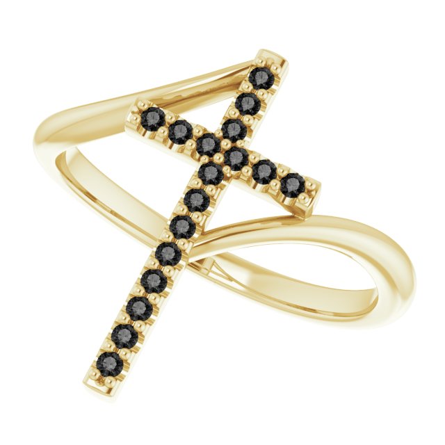 14K Gold Round Natural Black Diamond Accented Cross Bypass Ring - Yellow Gold - view 5