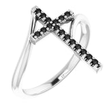 14K Gold Round Natural Black Diamond Accented Cross Bypass Ring - White Gold
