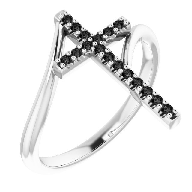 14K Gold Round Natural Black Diamond Accented Cross Bypass Ring - White Gold