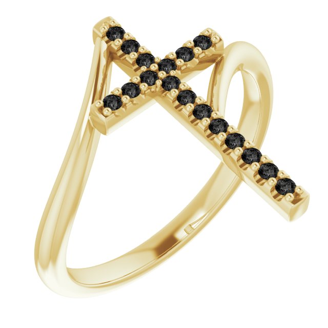 14K Gold Round Natural Black Diamond Accented Cross Bypass Ring - Yellow Gold