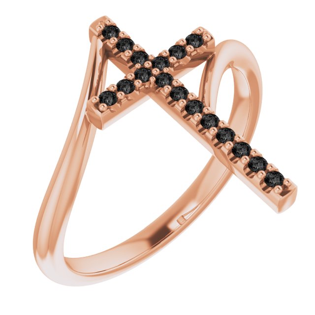 14K Gold Round Natural Black Diamond Accented Cross Bypass Ring - Rose Gold
