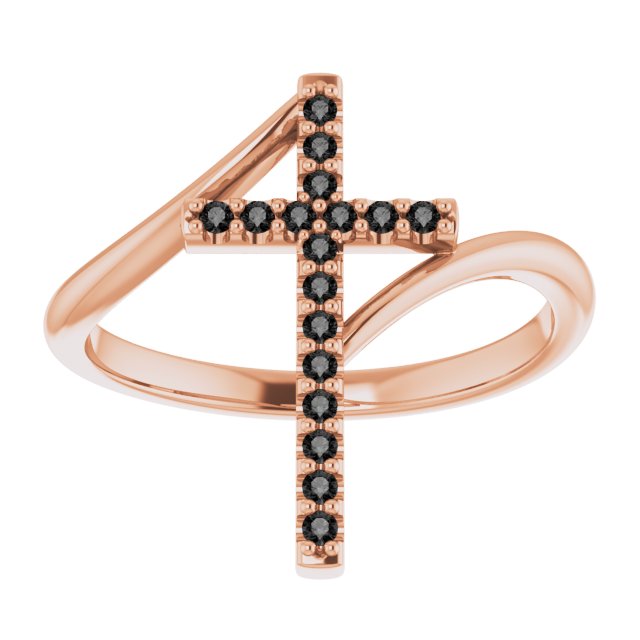 14K Gold Round Natural Black Diamond Accented Cross Bypass Ring - Rose Gold - view 3