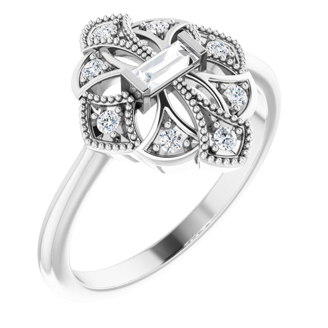 14K Gold Straight Baguette Natural Diamond Vintage-Inspired Ring - White Gold