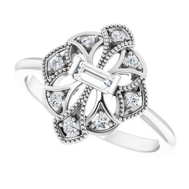14K Gold Straight Baguette Natural Diamond Vintage-Inspired Ring - White Gold - view 5
