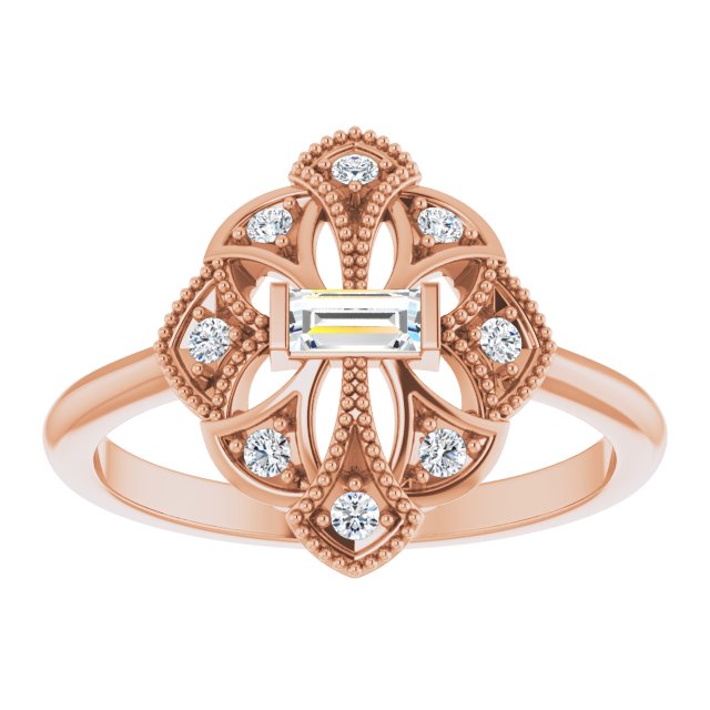 14K Gold Straight Baguette Natural Diamond Vintage-Inspired Ring - Rose Gold - view 3