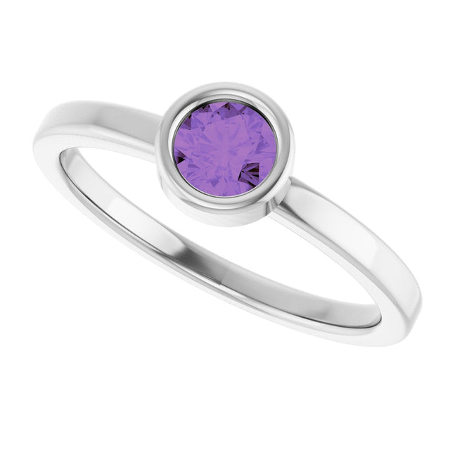 14K Gold Round Natural Amethyst Bezel-Set Solitaire Ring - White Gold - view 5