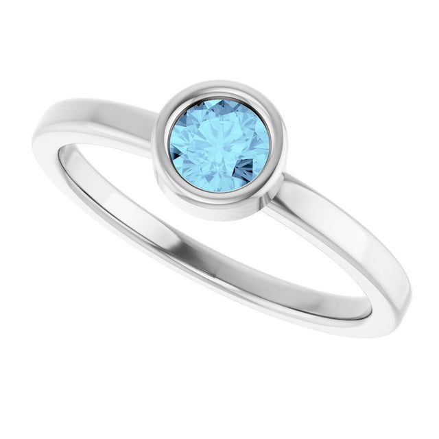 14K Gold Round Natural Aquamarine Bezel-Set Solitaire Ring - White Gold - view 5
