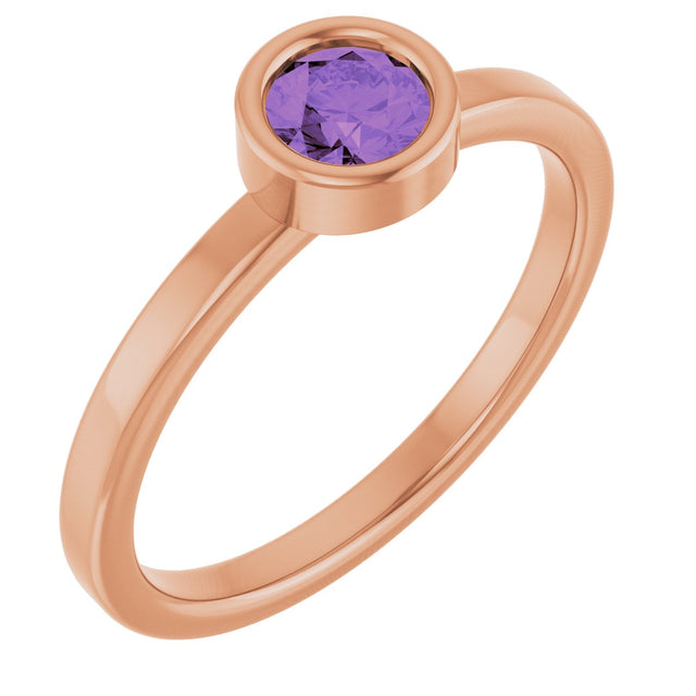 14K Gold Round Natural Amethyst Bezel-Set Solitaire Ring - Rose Gold