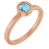 14K Gold Round Natural Aquamarine Bezel-Set Solitaire Ring - Rose Gold