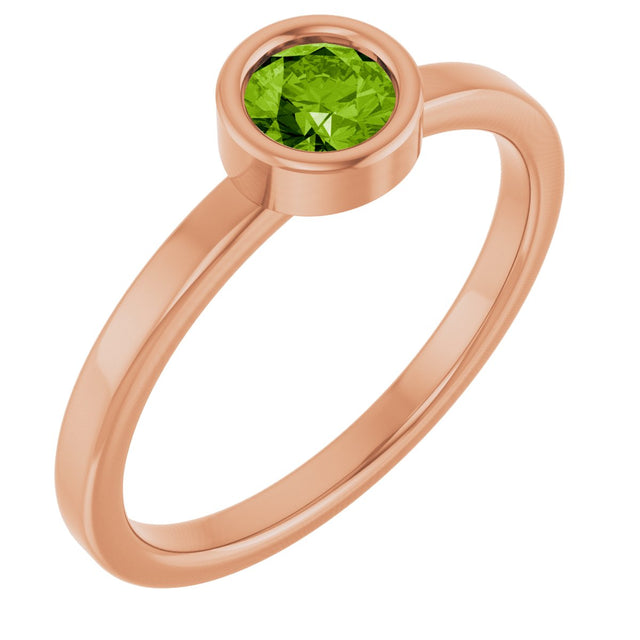 14K Gold Round Natural Peridot Bezel-Set Solitaire Ring - Rose Gold