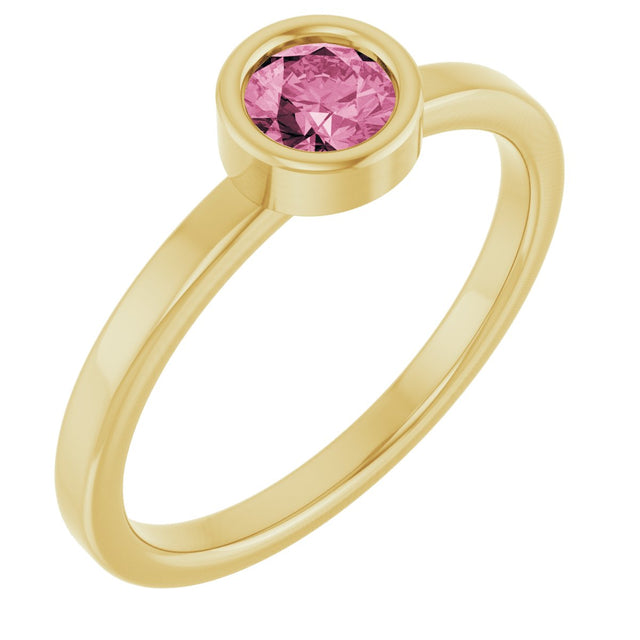 14K Gold Round Natural Pink Tourmaline Bezel-Set Solitaire Ring - Yellow Gold
