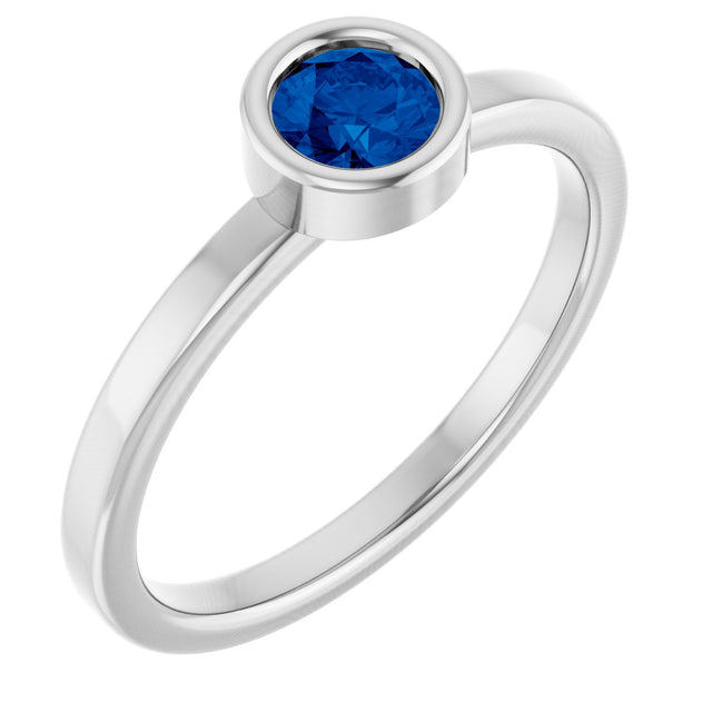 14K Gold Round Natural Blue Sapphire Bezel-Set Solitaire Ring - White Gold