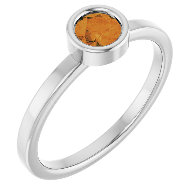 14K Gold Round Natural Citrine Bezel-Set Solitaire Ring - White Gold