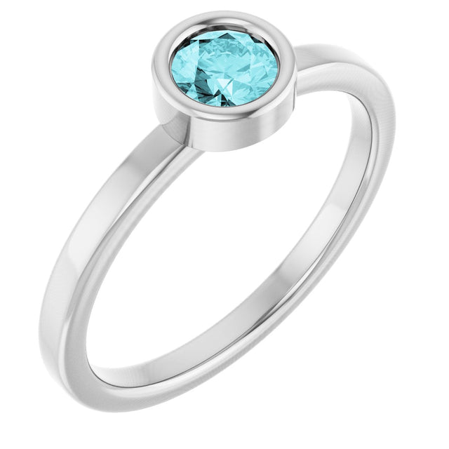 14K Gold Round Natural Blue Zircon Bezel-Set Solitaire Ring - White Gold