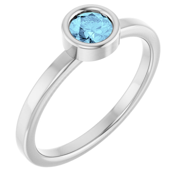 14K Gold Round Natural Aquamarine Bezel-Set Solitaire Ring - White Gold